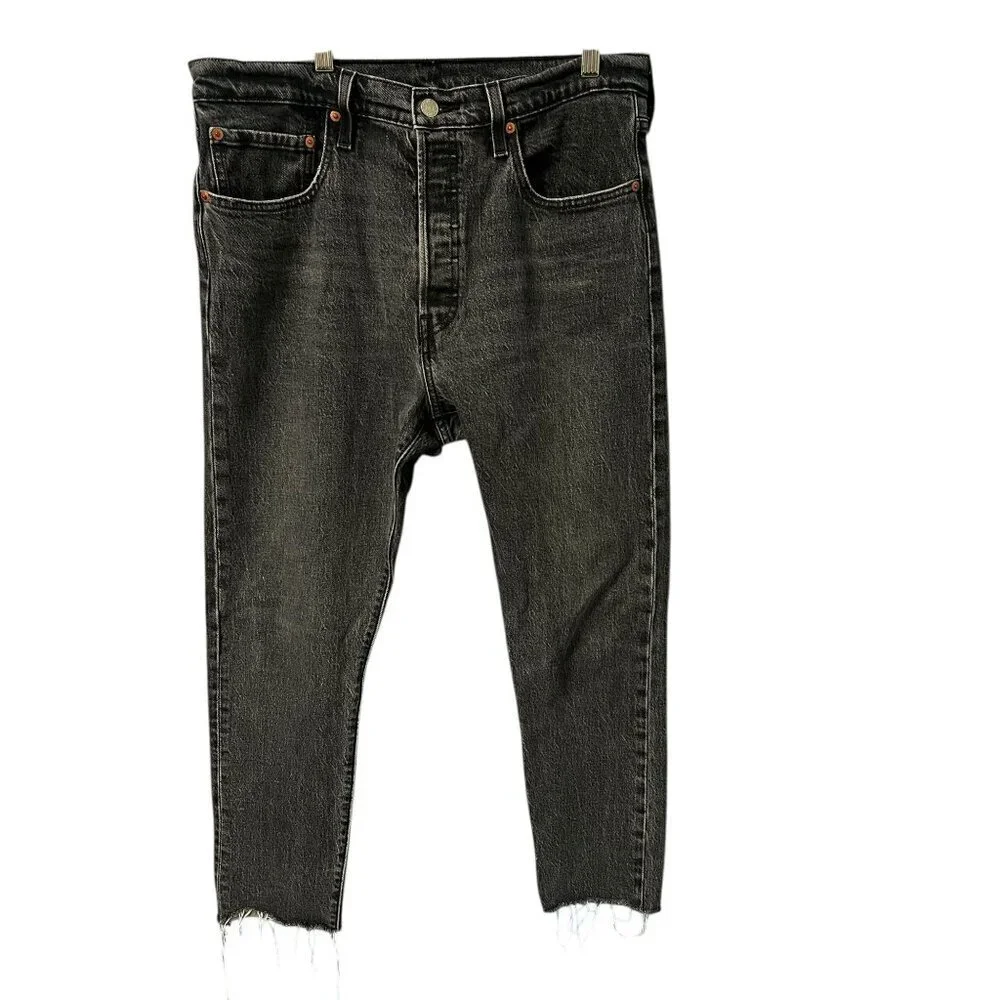 Levis 501 Original Fit Black Button-Fly Distressed Denim Jeans, ANKLE, BEACH BUM